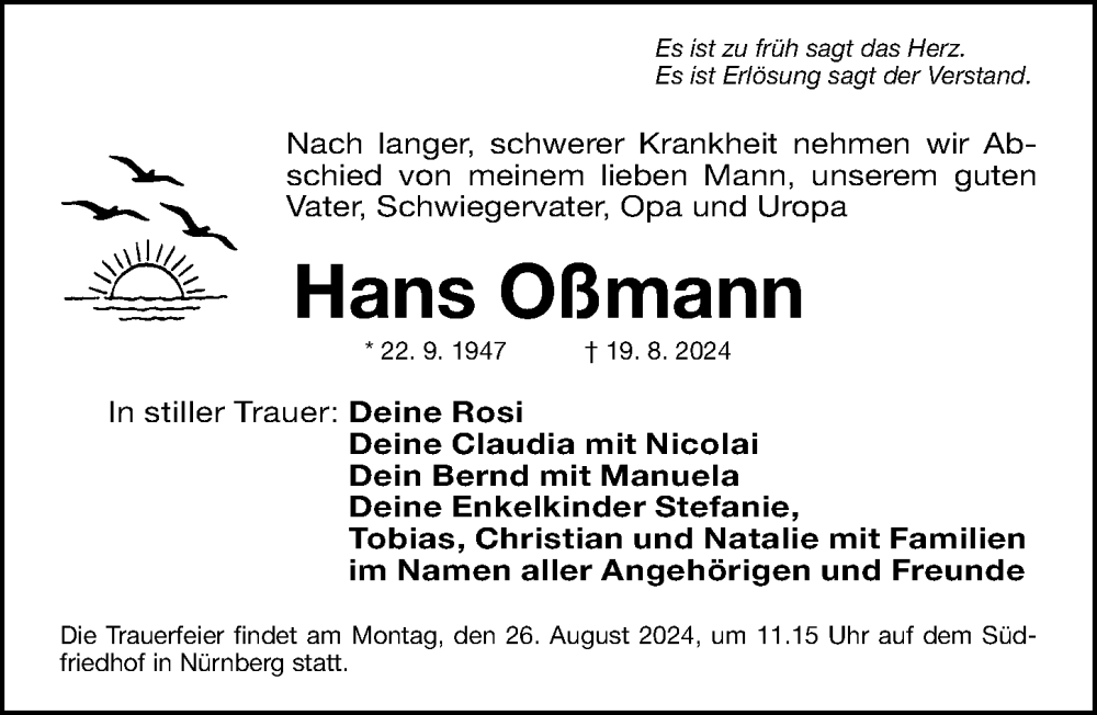  Traueranzeige für Hans Oßmann vom 24.08.2024 aus Gesamtausgabe Nürnberger Nachrichten/ Nürnberger Ztg.