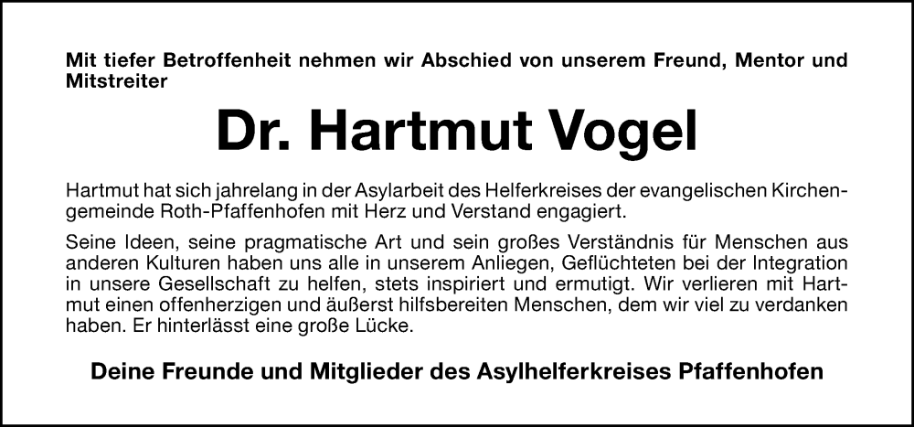  Traueranzeige für Hartmut Vogel vom 21.08.2024 aus Roth-Hilpoltsteiner Volkszeitung Lokal