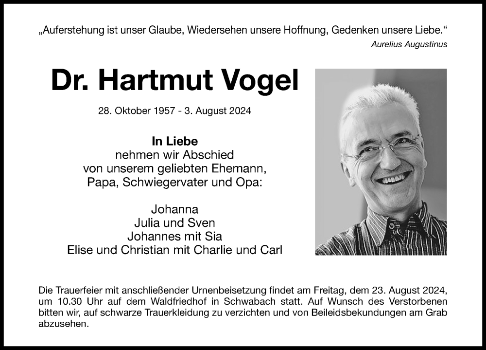  Traueranzeige für Hartmut Vogel vom 17.08.2024 aus Roth-Hilpoltsteiner Volkszeitung Lokal