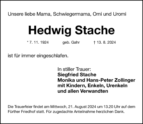 Traueranzeige von Hedwig Stache von Gesamtausgabe Nürnberger Nachrichten/ Nürnberger Ztg./ Fürther Nachrichten