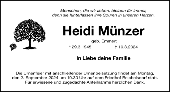 Traueranzeige von Heidi Münzer von Gesamtausgabe Nürnberger Nachrichten/ Nürnberger Ztg.