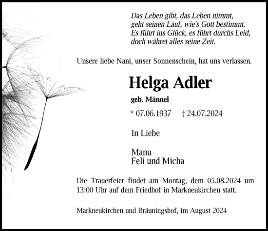 Traueranzeige von Helga Adler von Erlanger Nachrichten Lokal
