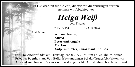 Traueranzeige von Helga Weiß von Nordbayerische Nachrichten Pegnitz Lokal