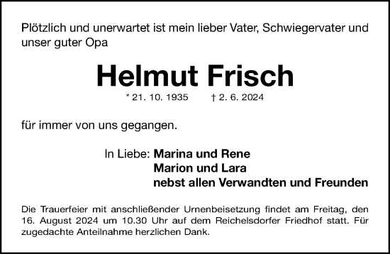 Traueranzeige von Helmut Frisch von Gesamtausgabe Nürnberger Nachrichten/ Nürnberger Ztg.