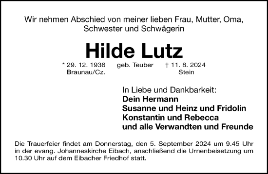 Traueranzeige von Hilde Lutz von Gesamtausgabe Nürnberger Nachrichten/ Nürnberger Ztg.