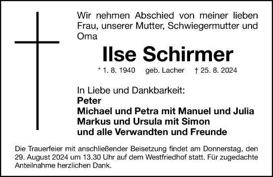 Traueranzeige von Ilse Schirmer von Gesamtausgabe Nürnberger Nachrichten/ Nürnberger Ztg.