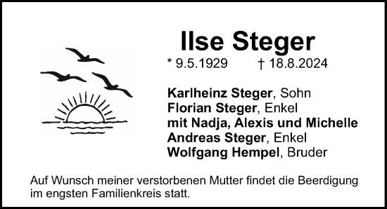 Traueranzeige von Ilse Steger von Gesamtausgabe Nürnberger Nachrichten/ Nürnberger Ztg.