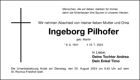 Traueranzeige von Ingeborg Pilhofer von Gesamtausgabe Nürnberger Nachrichten/ Nürnberger Ztg.