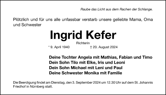 Traueranzeige von Ingrid Kefer von Gesamtausgabe Nürnberger Nachrichten/ Nürnberger Ztg.