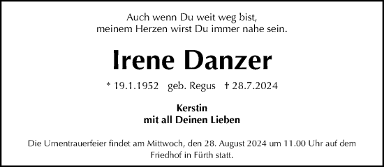 Traueranzeige von Irene Danzer von Fürther Nachrichten Lokal