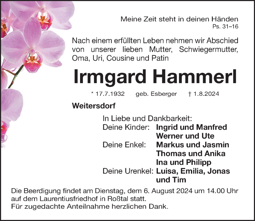  Traueranzeige für Irmgard Hammerl vom 03.08.2024 aus Fürther Nachrichten Lokal