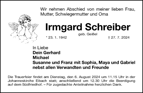 Traueranzeige von Irmgard Schreiber von Gesamtausgabe Nürnberger Nachrichten/ Nürnberger Ztg.