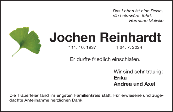 Traueranzeige von Jochen Reinhardt von Gesamtausgabe Nürnberger Nachrichten/ Nürnberger Ztg.