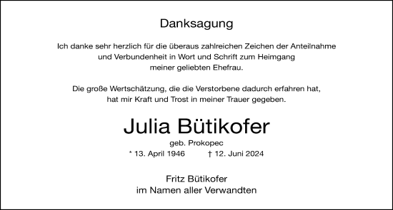 Traueranzeige von Julia Bütikofer von Gesamtausgabe Nürnberger Nachrichten/ Nürnberger Ztg.