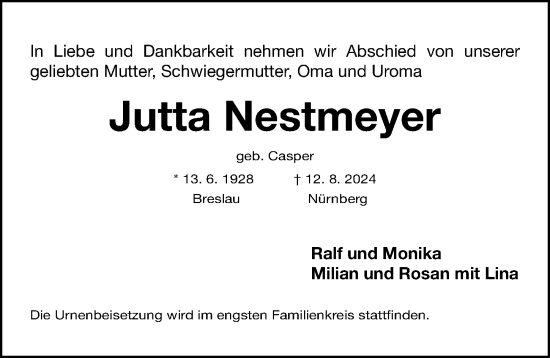 Traueranzeige von Jutta Nestmeyer von Gesamtausgabe Nürnberger Nachrichten/ Nürnberger Ztg.