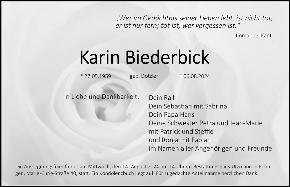  Traueranzeige für Karin Biederbick vom 10.08.2024 aus Erlanger Nachrichten Lokal