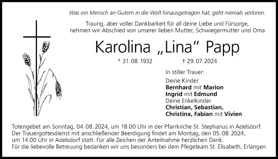Traueranzeige von Karolina Papp von Nordbayerische Nachrichten Herzogenaurach Lokal