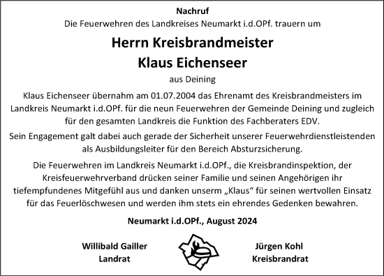 Traueranzeige von Klaus Eichenseer von Neumarkter Nachrichten Lokal