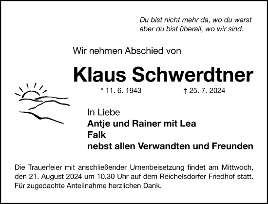 Traueranzeige von Klaus Schwerdtner von Gesamtausgabe Nürnberger Nachrichten/ Nürnberger Ztg.