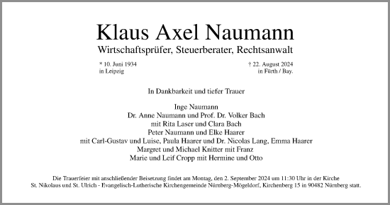 Traueranzeige von Klaus Axel Naumann von Gesamtausgabe Nürnberger Nachrichten/ Nürnberger Ztg.