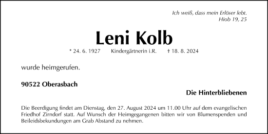 Traueranzeige von Leni Kolb von Gesamtausgabe Nürnberger Nachrichten/ Nürnberger Ztg.