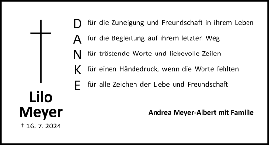 Traueranzeige von Lilo Meyer von Gesamtausgabe Nürnberger Nachrichten/ Nürnberger Ztg.