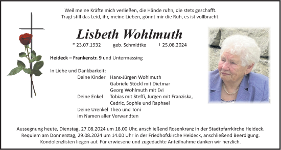 Traueranzeige von Lisbeth Wohlmuth von Roth-Hilpoltsteiner Volkszeitung Lokal