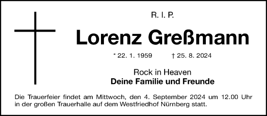 Traueranzeige von Lorenz Greßmann von Gesamtausgabe Nürnberger Nachrichten/ Nürnberger Ztg.