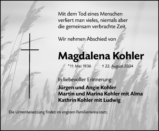 Traueranzeige von Magdalena Kohler von Gesamtausgabe Nürnberger Nachrichten/ Nürnberger Ztg.