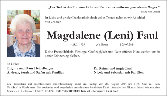 Traueranzeige von Magdalene Faul von Fürther Nachrichten Lokal