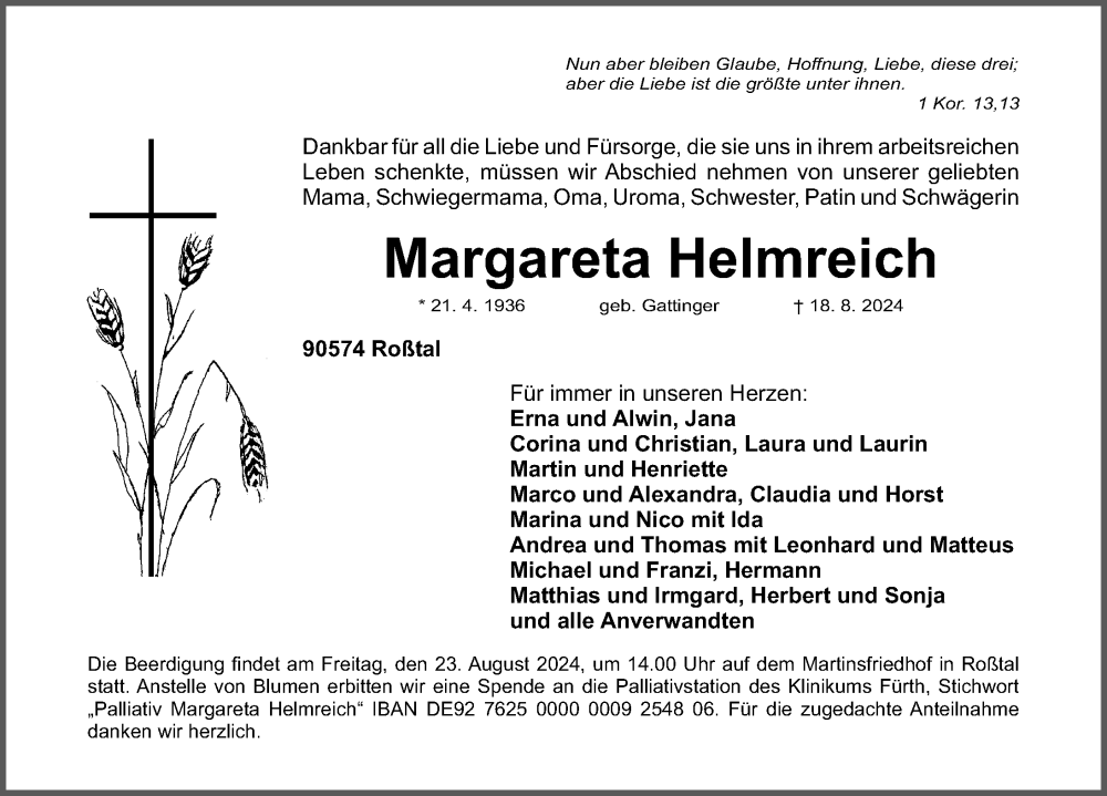  Traueranzeige für Margareta Helmreich vom 21.08.2024 aus Fürther Nachrichten Lokal