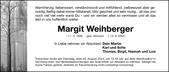 Traueranzeige von Margareta Weihberger von Gesamtausgabe Nürnberger Nachrichten/ Nürnberger Ztg.