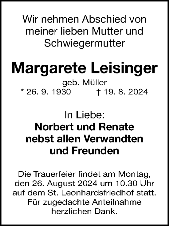 Traueranzeige von Margarete Leisinger von Gesamtausgabe Nürnberger Nachrichten/ Nürnberger Ztg.