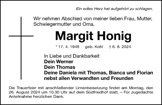 Traueranzeige von Margit Honig von Gesamtausgabe Nürnberger Nachrichten/ Nürnberger Ztg.