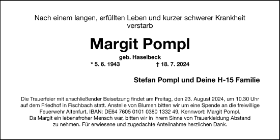 Traueranzeige von Margit Pompl von Gesamtausgabe Nürnberger Nachrichten/ Nürnberger Ztg.