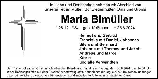 Traueranzeige von Maria Bimüller von Gesamtausgabe Nürnberger Nachrichten/ Nürnberger Ztg.