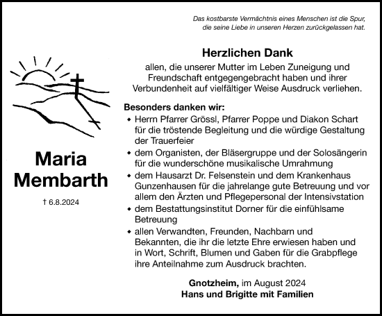 Traueranzeige von Maria Membarth von Altmühl-Bote Lokal