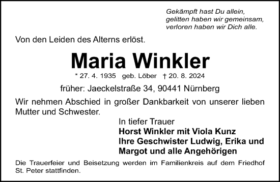 Traueranzeige von Maria Winkler von Gesamtausgabe Nürnberger Nachrichten/ Nürnberger Ztg.