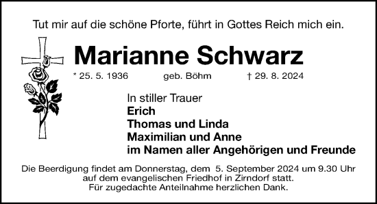 Traueranzeige von Marianne Schwarz von Fürther Nachrichten Lokal