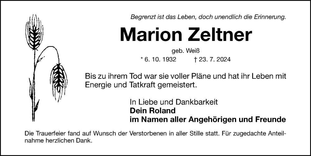  Traueranzeige für Marion Zeltner vom 31.08.2024 aus Gesamtausgabe Nürnberger Nachrichten/ Nürnberger Ztg.