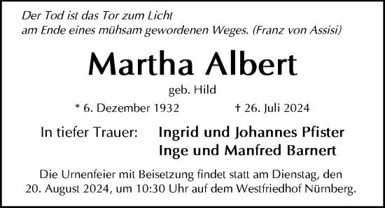 Traueranzeige von Martha Albert von Gesamtausgabe Nürnberger Nachrichten/ Nürnberger Ztg.