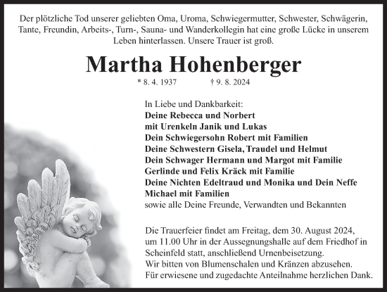 Traueranzeige von Martha Hohenberger von Gesamtausgabe Nürnberger Nachrichten/ Nürnberger Ztg.