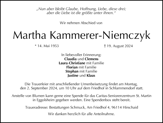 Traueranzeige von Martha Kammerer-Niemczyk von Erlanger Nachrichten/ Nordbayer. Nachrichten Forchheim