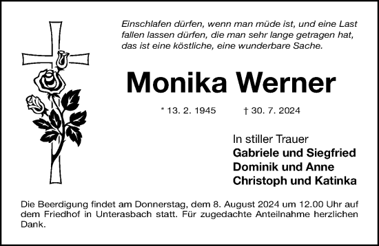 Traueranzeige von Monika Werner von Gesamtausgabe Nürnberger Nachrichten/ Nürnberger Ztg.