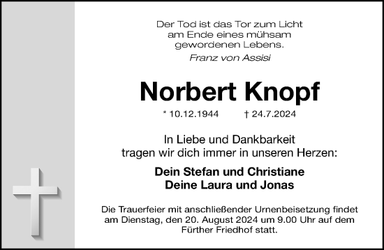 Traueranzeige von Norbert Knopf von Gesamtausgabe Nürnberger Nachrichten/ Nürnberger Ztg.