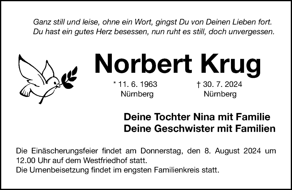  Traueranzeige für Norbert Krug vom 03.08.2024 aus Gesamtausgabe Nürnberger Nachrichten/ Nürnberger Ztg.