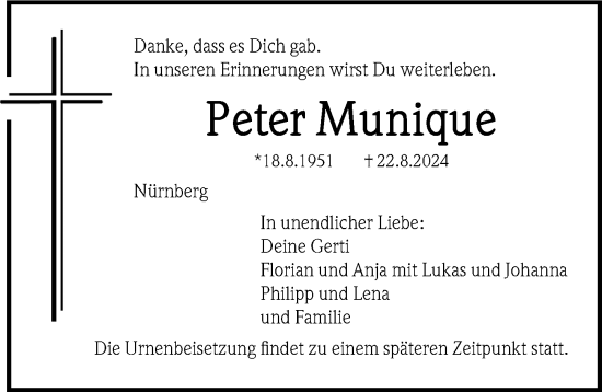 Traueranzeige von Peter Munique von Gesamtausgabe Nürnberger Nachrichten/ Nürnberger Ztg.