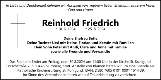 Traueranzeige von Reinhold Friedrich von Gesamtausgabe Nürnberger Nachrichten/ Nürnberger Ztg.