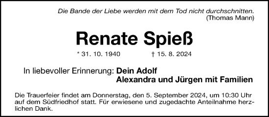 Traueranzeige von Renate Spieß von Gesamtausgabe Nürnberger Nachrichten/ Nürnberger Ztg.