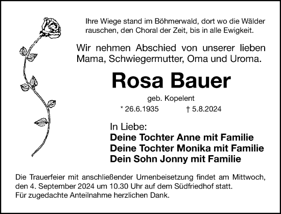 Traueranzeige von Rosa Bauer von Gesamtausgabe Nürnberger Nachrichten/ Nürnberger Ztg.